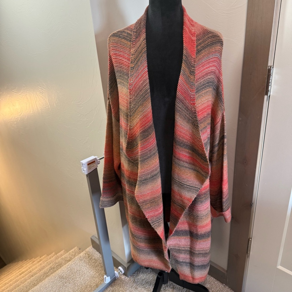 Sisters Open Front‎ Waterfall Knit Stripe Cardigan Sweater Fall Pink Orange Grey